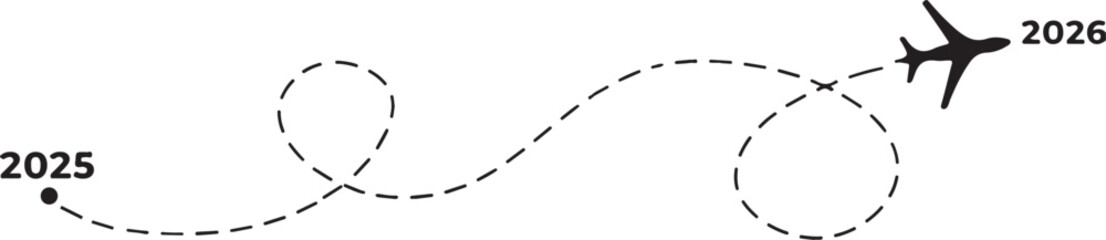 airplane journey path illustration from 2025 to 2026