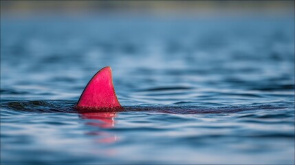 Pink series shark fin emerging above the water surface, ocean wildlife scene, marine animal in natural habitat, seascape, swimming predator, aquatic nature concept, tropical water background