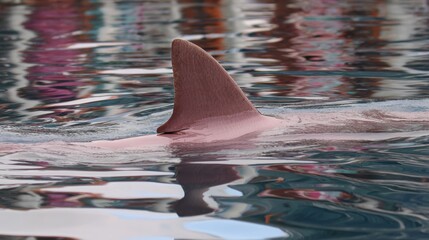 Pink series shark fin emerging above the water surface, ocean wildlife scene, marine animal in natural habitat, seascape, swimming predator, aquatic nature concept, tropical water background