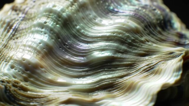 Macro shot of a clam shell, showing iridescent texture on black background for design uses