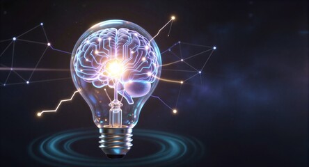 Brain inside light bulb, glowing circuits, futuristic neural network on dark cosmic background.