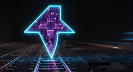 Neon circuit arrow on train tracks, futuristic tech guiding forward motion in dark night.