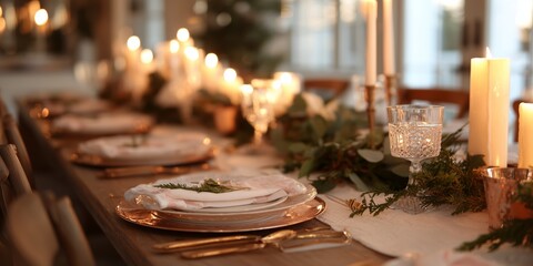Table set for dinner with candles and greenery in a warm setting during evening hours
