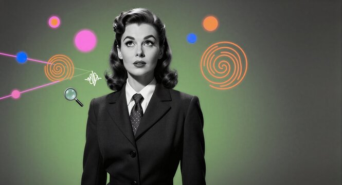 Vintage woman in suit, colorful network icons float beside her against green backdrop.