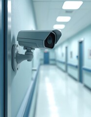 Security camera on wall in empty hospital corridor. Surveillance equipment provides safety and monitoring for medical facility. Modern tech for protection observation inside.