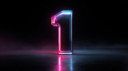 Futuristic glowing number 1 in pink and blue neon against a shadowy background
