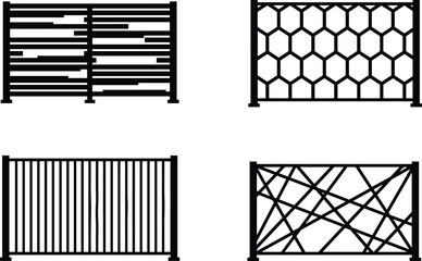 Set of decorative fences with horizontal and geometrical patterns in black on transparent.
