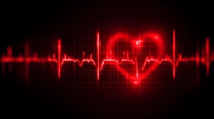 Red heart pulse cardiography trace on abstract medical background, representing emergency medicine, hospital monitoring, vital signs, heart rhythm, healthcare, cardiology, life support, patient care