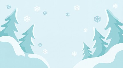 Snowy winter landscape with pine trees and falling snowflakes