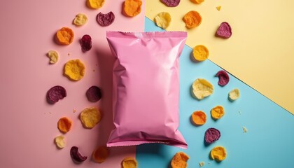 Assorted colorful vegetable chips surround a blank pink bag on a pastel background. These crispy snacks offer a vibrant variety for any casual munching occasion, perfect for parties or quick bites.