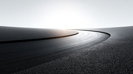 A minimalist image showcasing a curving road under bright sunlight, emphasizing smooth asphalt and a serene atmosphere.