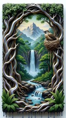 Waterfall with grass frame and a bird in nest