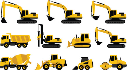 Heavy construction machinery set, yellow excavator vector, dump truck illustration, concrete mixer, bulldozer, road roller, industrial building equipment collection, transport vehicle flat design