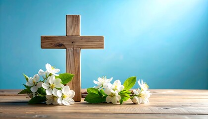 木製の十字架と白い花が静かに並ぶ祈りの象徴的な情景