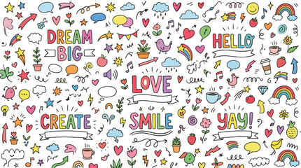 Obraz premium A vibrant and cheerful doodle art collection featuring positive affirmations, cute characters, and whimsical elements, perfect for creative expression and uplifting messages