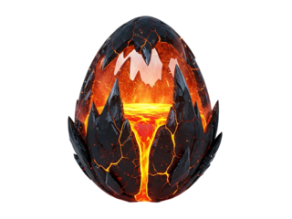 Cracked volcanic egg with molten lava and smoke isolated on a transparent background fire