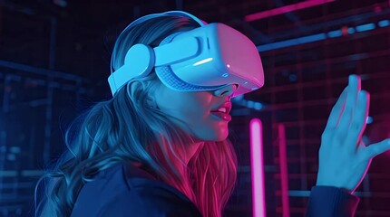 Young Woman Wearing VR Headset Touching Virtual Interface in Blue Light: Metaverse Concept Video.