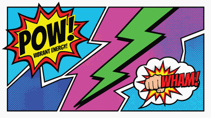 Fototapeta premium Dynamic comic book style graphic illustration depicting explosive action and vibrant energy, featuring bold visual elements and impactful design