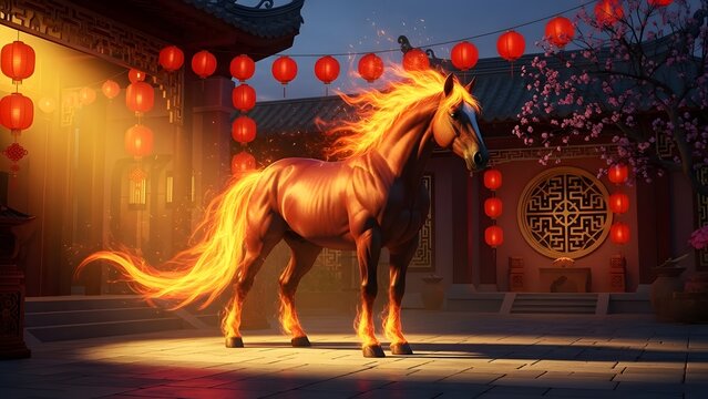 Mystical Fire Horse in Traditional Chinese Courtyard with Red Lanterns for Imlek
