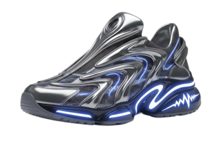 Futuristic silver sneaker with glowing blue energy accents isolated on a transparent background shoe