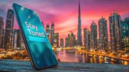 A smartphone displays "Stay Tuned" against a vibrant city skyline at sunset, highlighting urban life and connectivity.