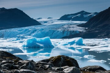 Glacial landscape with floating icebergs in a calm fjord surrounded by rocky mountains