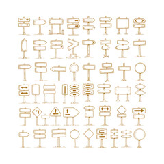 Naklejka premium Hand Drawn Doodle Wooden Signpost Collection with Arrows and Shapes direction road sign