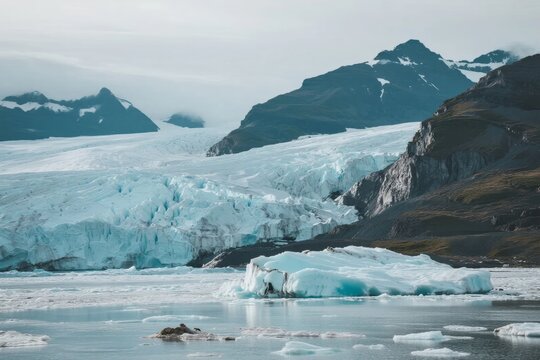 Glacial landscape with icebergs floating in calm water near snow-capped mountains - Powered by Adobe