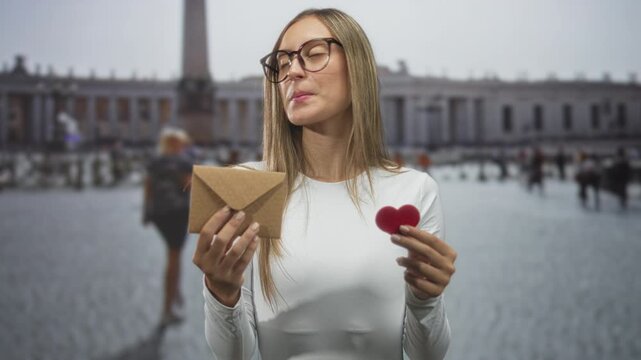 Woman holding a brown envelope and a small red heart while smiling and wearing glasses in a city square; hopeful romance.