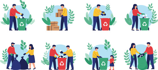 Recycling activity scenes, waste management, eco-friendly behavior, garbage sorting, green bins, environmental awareness, cartoon people, sustainability, foliage background, trash disposal