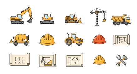 Construction Equipment and Safety Icons Set.