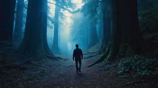  The camera slowly tracks behind the man as he walks deeper into the dark, foggy forest The shot maintains a steady, handheld motion with gentle breathing sway, emphasizing realism Mist d 4K
