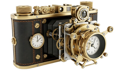 Steampunk camera with clockwork gears and multiple dials isolated on a transparent background vintage