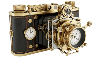 Steampunk camera with clockwork gears and multiple dials isolated on a transparent background vintage