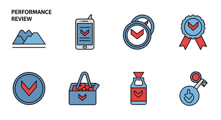 Set of Blue Icons with Checkmarks and Red Accents.