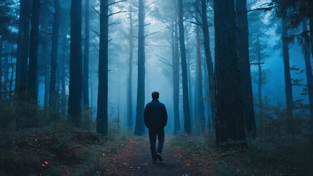 Cinematic 4K handheld tracking shot following a man walking into a dark, foggy forest at night.