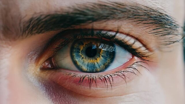 Extreme 4K macro shot of a human eye with dilating iris, micro-expressions, and moisture droplets on the cornea.