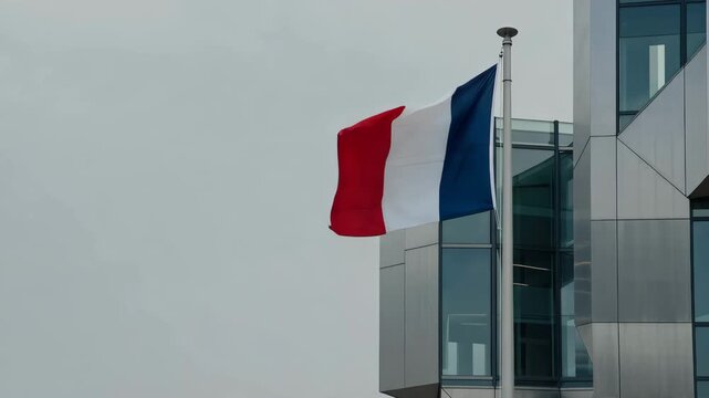 French Flag Waving in Urban Cityscape, National Tricolor of France