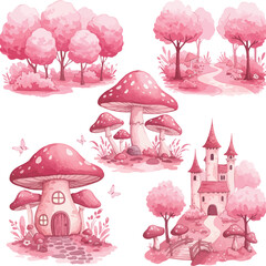 Whimsical pink fairy tale landscape with mushrooms and castle