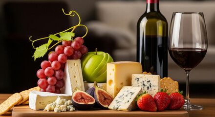 Cheese and fruit on a plate, with a bottle of wine and a glass nearby