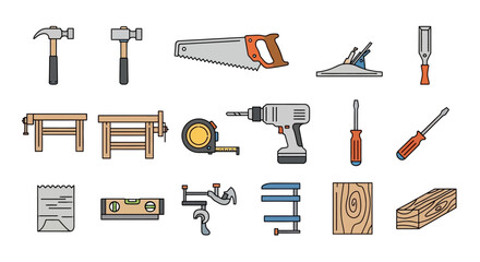 Various Carpentry Tools and Equipment Set.