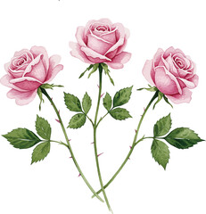 Three pink roses with green stems and leaves isolated