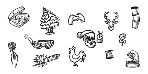 Hand drawn Illustration collection youth Gen-Z music, party, accessories, symbol, series component set design element Vintage hand drawn line art vector for scrapbooking, packaging, card, and sticker