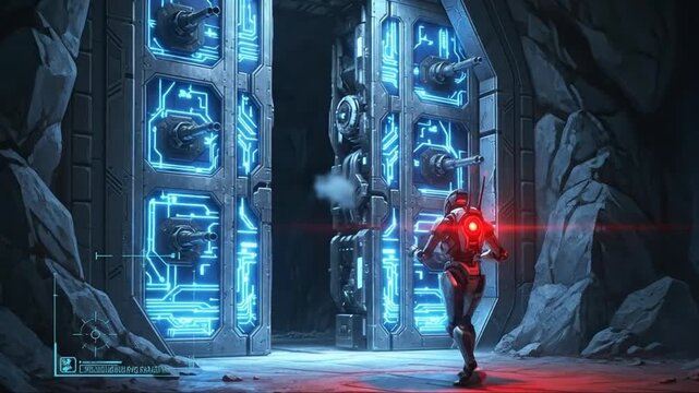Robot confronts futuristic glowing sci-fi gate with cannons in dark cave
