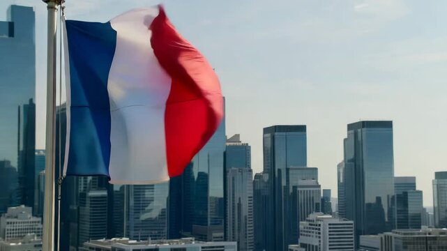 French Flag Waving in Urban Cityscape, National Tricolor of France