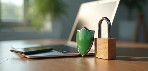 Laptop with shield and lock on wooden table symbolizing digital security. Smartphone rests on open notebook suggesting data protection. Cybersecurity concept for business, personal info safety.