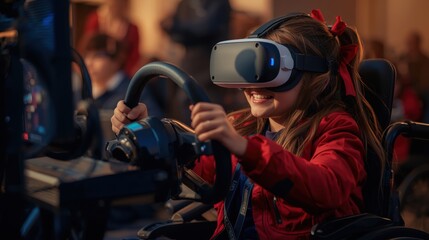 Young girl enjoying virtual reality gaming