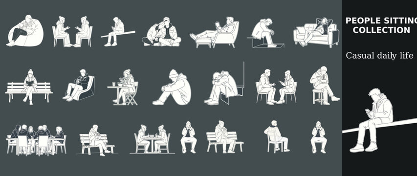 Minimal architectural entourage people sitting set. Flat CAD block line art of urban winter casual characters in multiple poses on white.