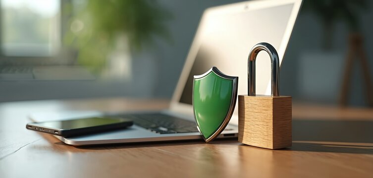 Laptop with shield and lock on wooden table symbolizing digital security. Smartphone rests on open notebook suggesting data protection. Cybersecurity concept for business, personal info safety. - Powered by Adobe