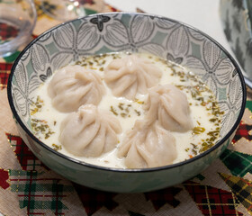 Traditional Georgian dish khinkali - Hinkali - Boiled khinkali with lamb or beef or cheese. High quality photo